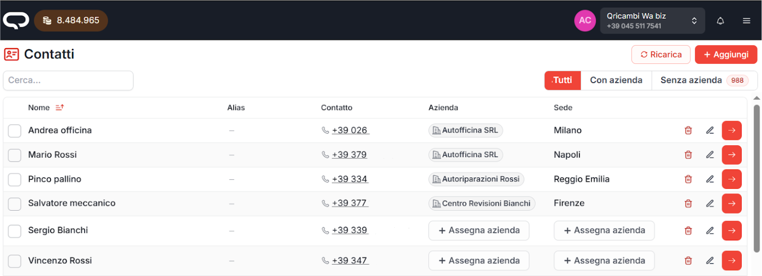 Schermata dei contatti