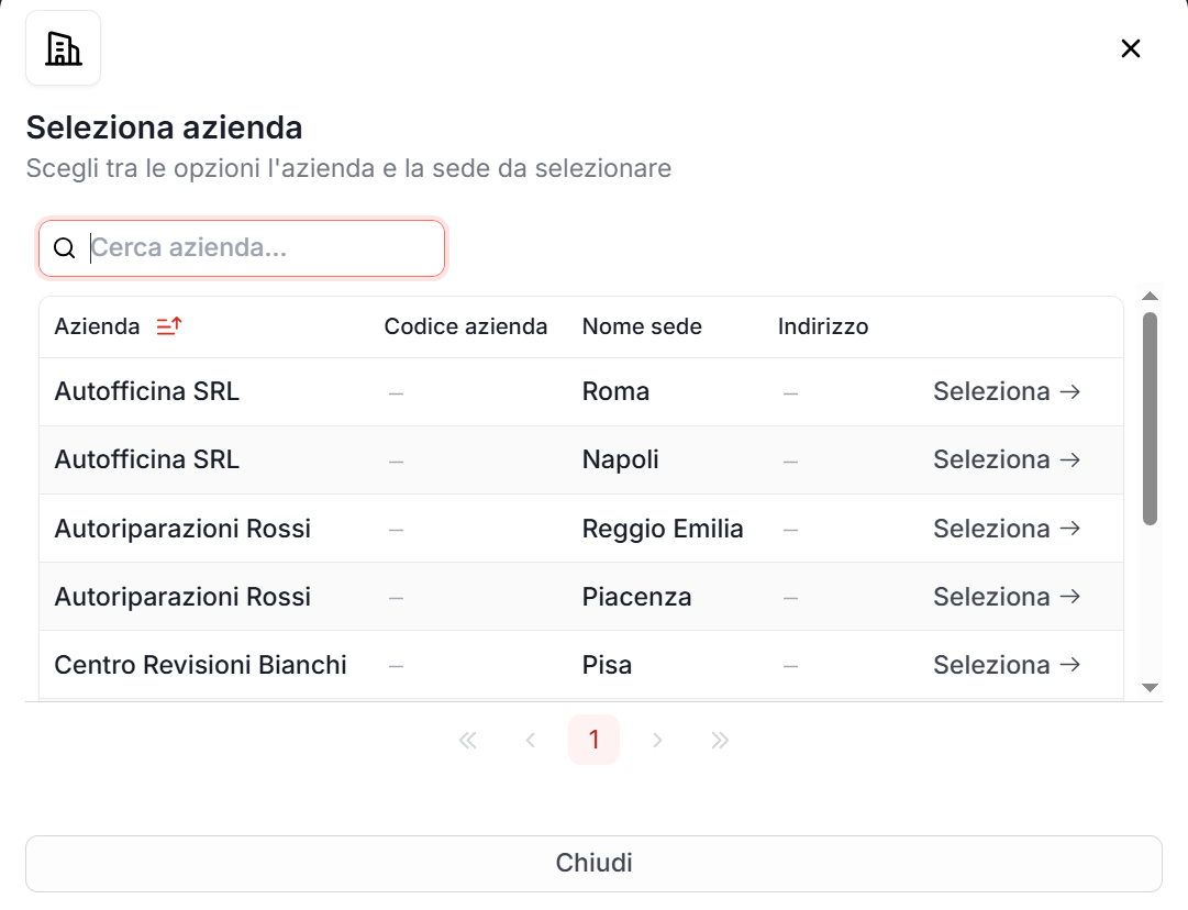Schermata seleziona azienda