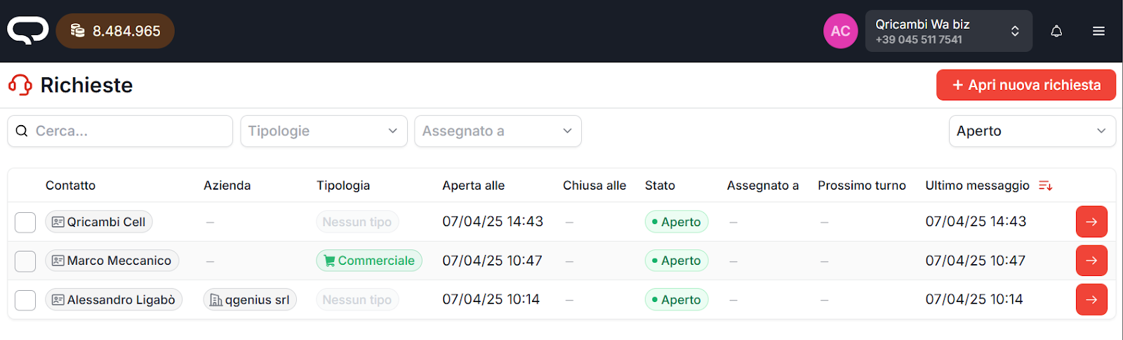 Schermata liste richieste
